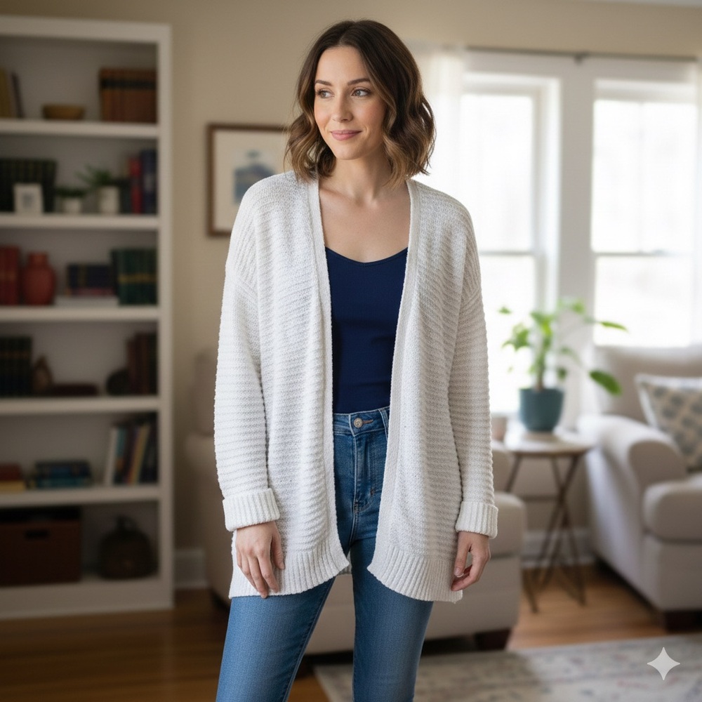 L.L. Bean White Open-Front Women Cardigan 100% Cotton